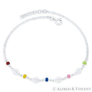 Ladybug, Enamel Bead & 2.2mm Flat Rolo Chain Anklet in .925 Sterling Silver - 9"